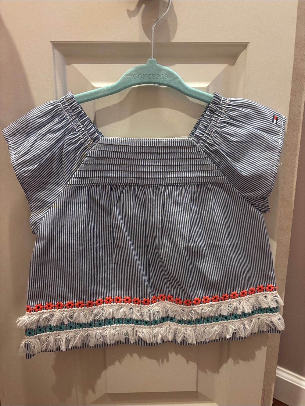 Tommy Hilfiger Blue & White Striped Girls Off-Shoulder Top with Fringe